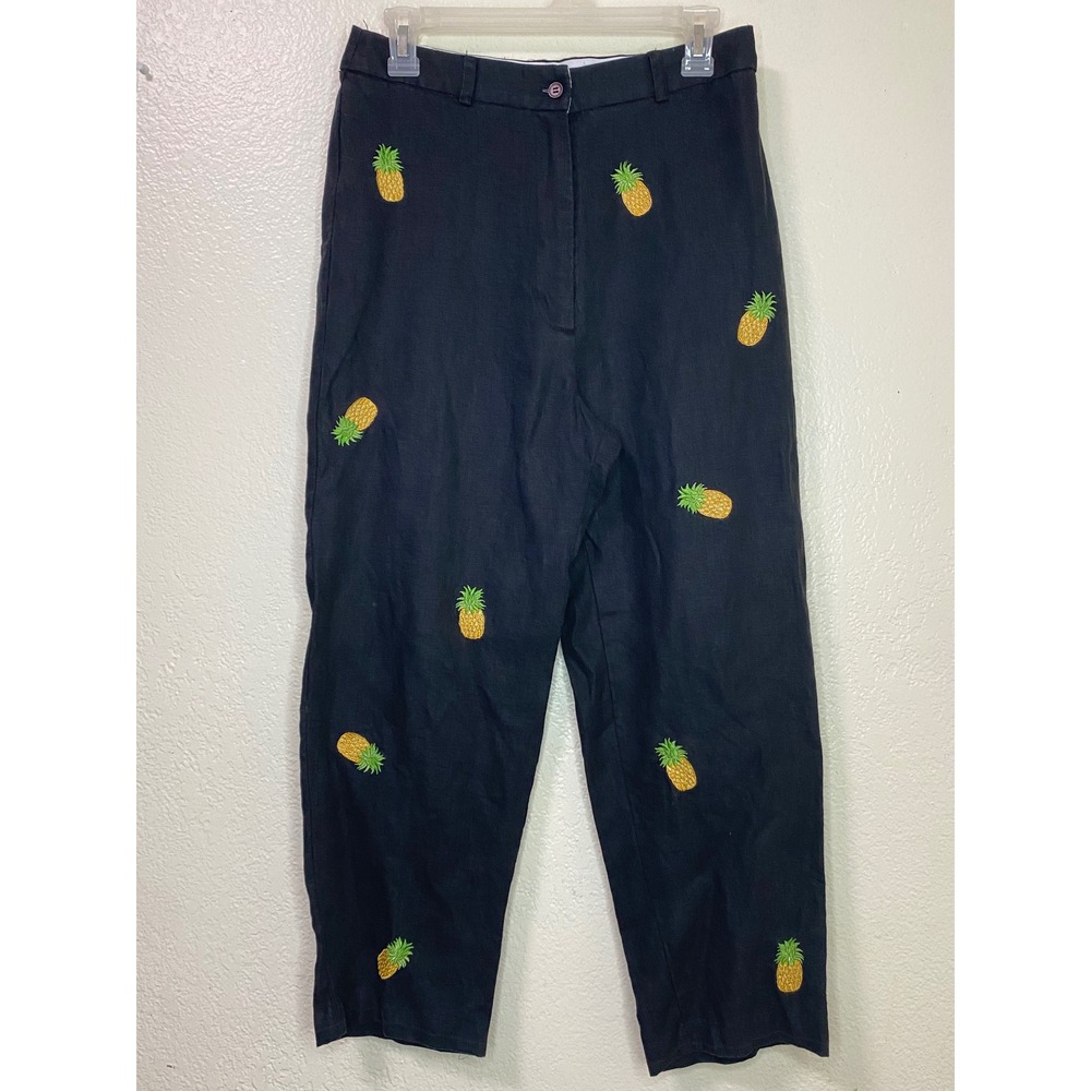 Deane & White Womens Black 100% Linen Pineapple Embroidered Pants Sz 14 Tapered